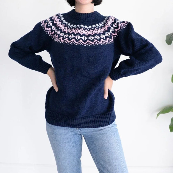 Vintage Navy Chunky Knit Cowichan Fair Isle Fisherman Sweater Cabincore S - Picture 2 of 12